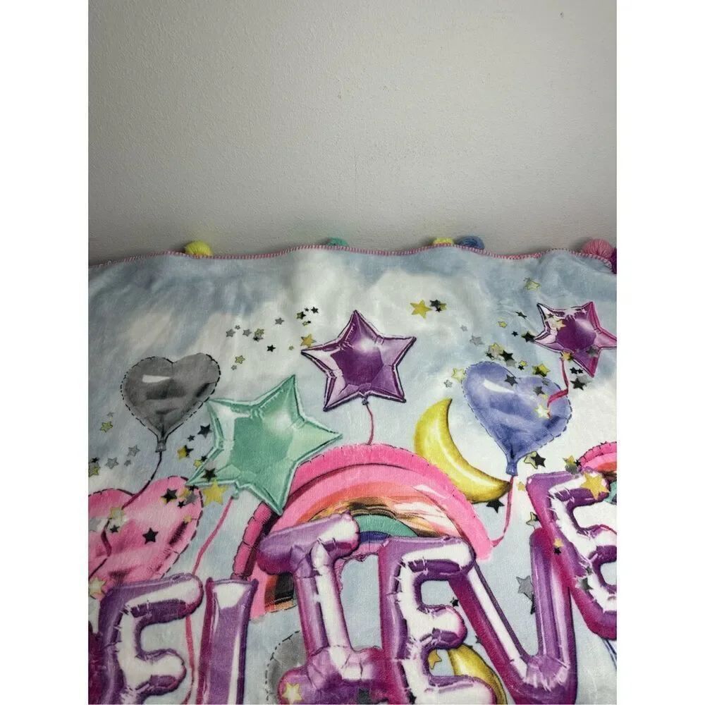 Justice Blanket Sherpa Throw Pom Pom Rainbow Bedding Cozy Fuzzy Warm *See Notes